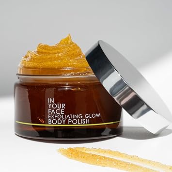 In Your Face Exfoliating Glow Body Polish AHA BHA Scrub with Fruit Enzymes, Sugar Maple, Willow Bark & Bamboo Natural Skin Exfoliator for Body for Smooth, Glowing Skin Vegan Skincare 7 oz