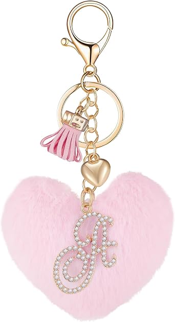 Initial Letter Heart Pom Pom Keychain for Women Pink Soft Fluffy Ball Key Ring for Purse Backpack Handbag