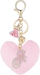 Initial Letter Heart Pom Pom Keychain for Women Pink Soft Fluffy Ball Key Ring for Purse Backpack Handbag
