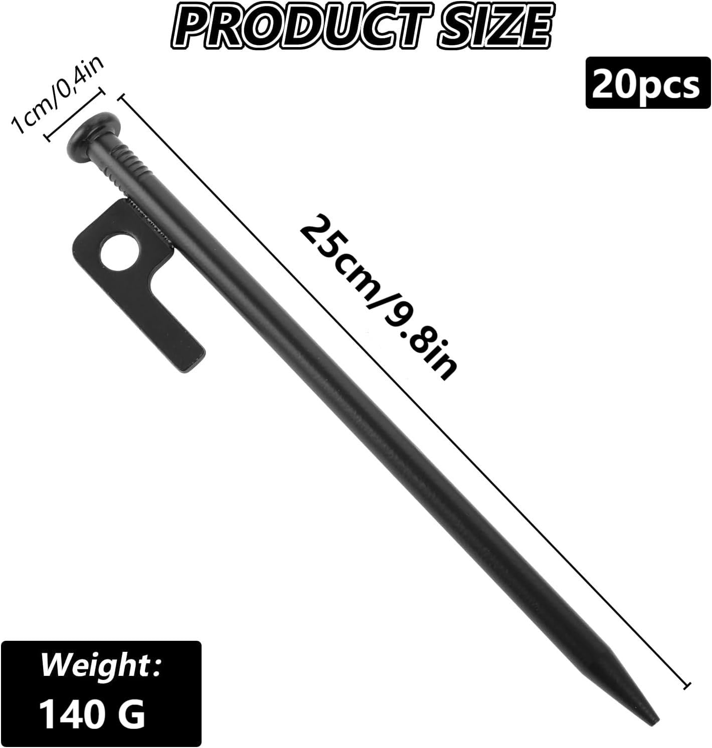 MIVIDE 20pcs Piquets de Tente en Acier, 25 cm Sardines de Fixation avec Crochets et Trou, Piquet de Fixation Robustes pour Camping, Trampolines, Randonnée