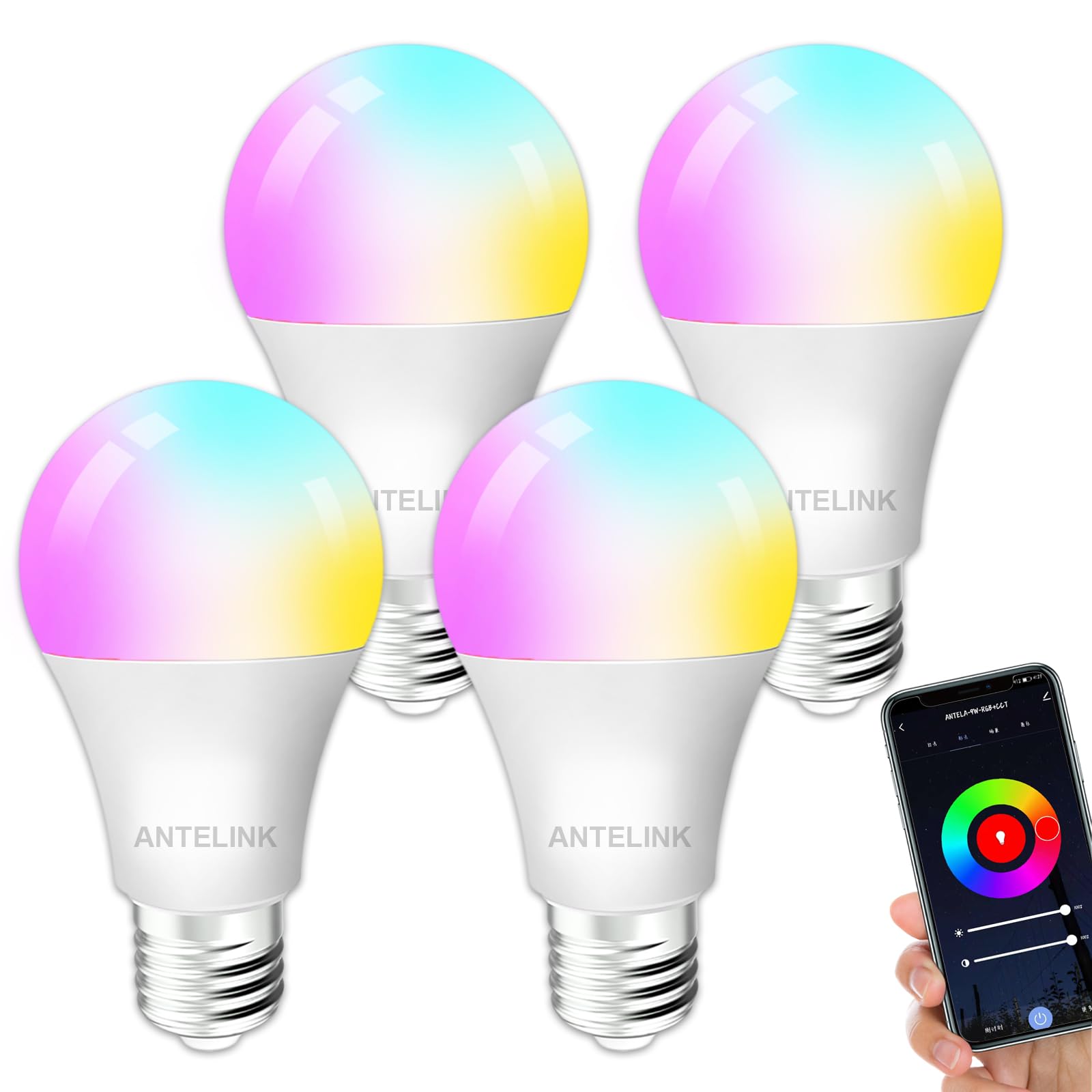 Antelink Lampadina Wifi Smart LED Dimmerabile RGB 9W 806lm Compatibile con Alexa Google Home, Bianco Freddo Caldo 2700K~6500K Tuya APP, 4 Pz