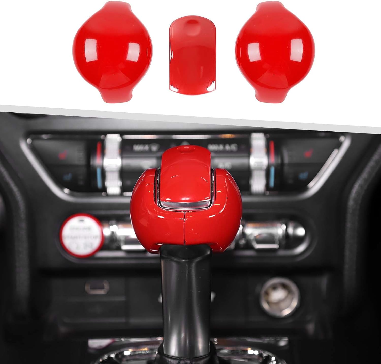 Jimen Compatible with Ford Mustang 2015-2023, 3PCS Gear Shifter Knob Cover Interior Trim Accessories (Red)