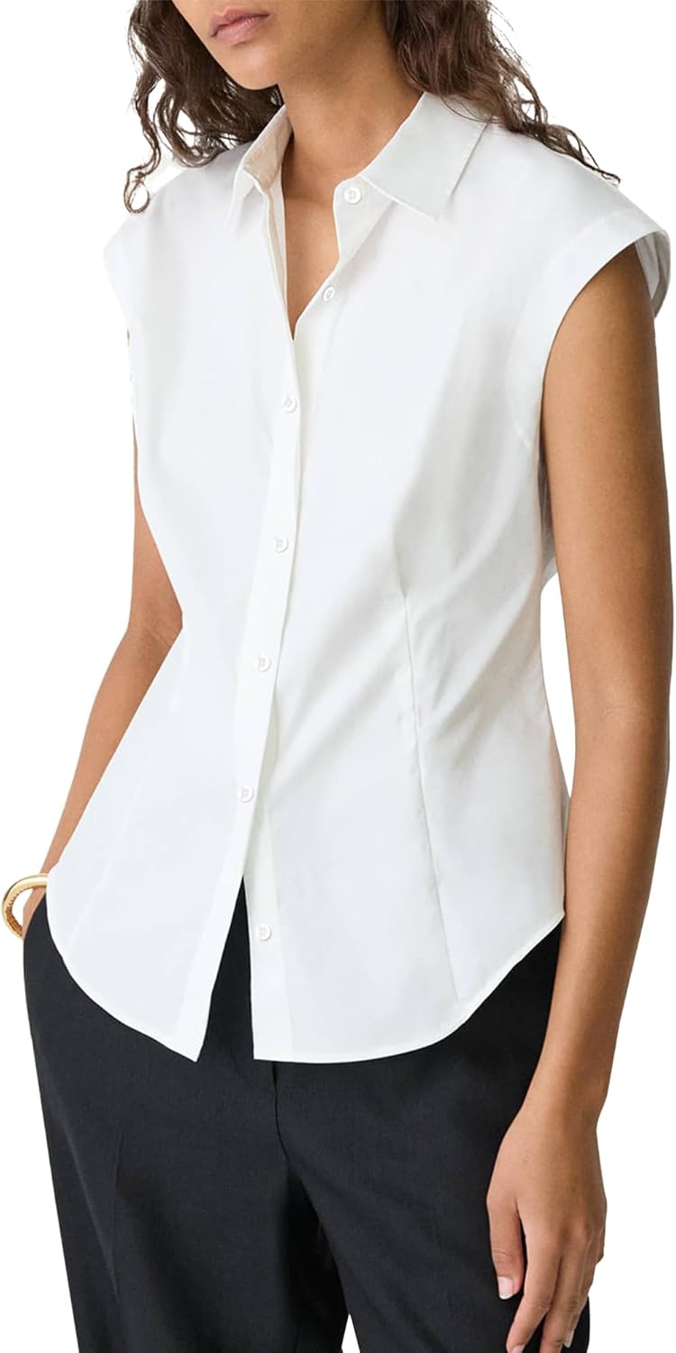 SUNNOW Women's Point Collar Blouse Cap Sleeve Button Down Top with Cinched Waist & Rounded Hem Work to Weekend Essential