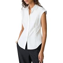 SUNNOW Women's Point Collar Blouse Cap Sleeve Button Down Top with Cinched Waist & Rounded Hem Work to Weekend Essential