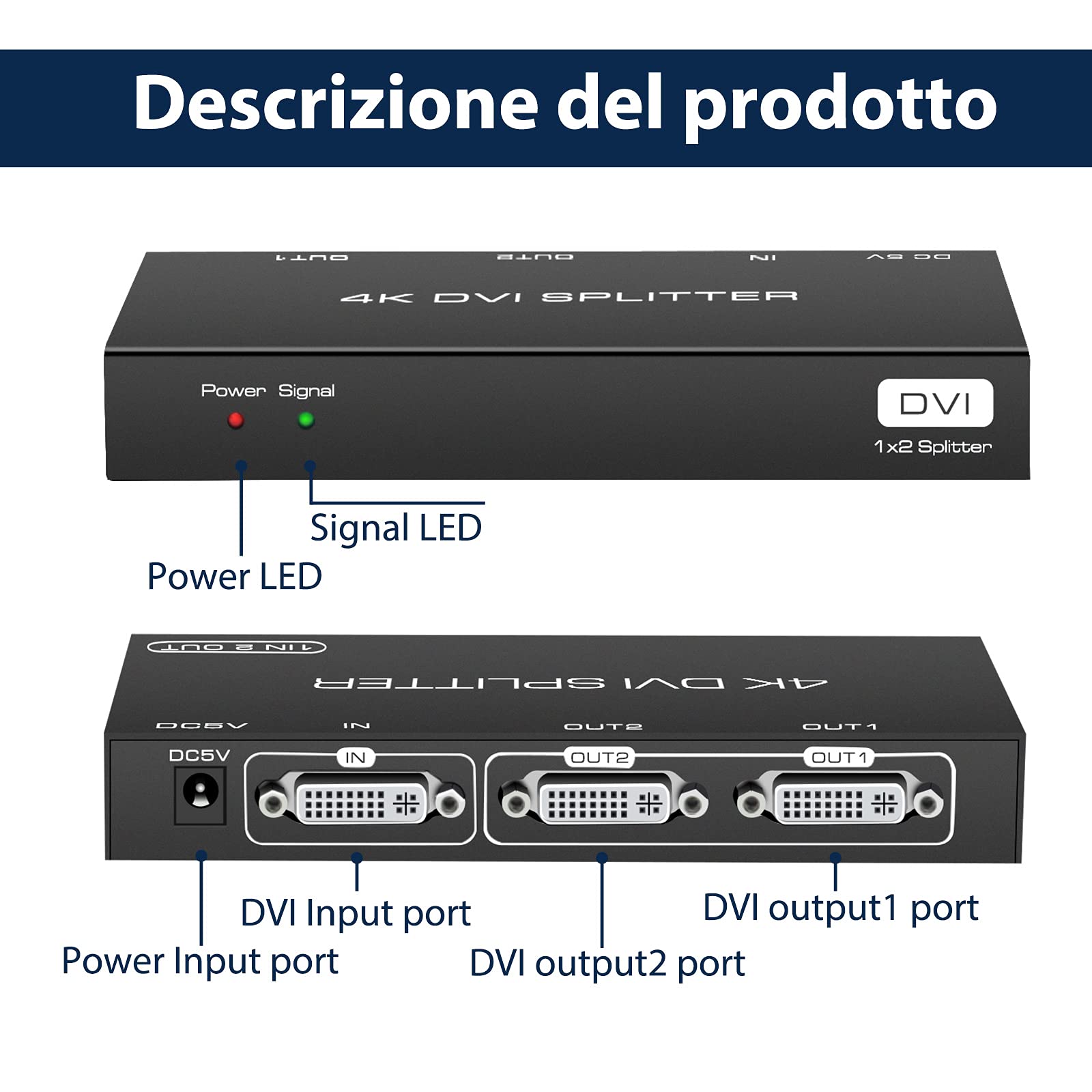 VEDINDUST Rozdzielacz DVI 2-portowy,DVI 1 wejście 2 wyjście,Rozdzielacz z 1 wejściem i 2 wyjściami obsługuje rozdzielczości do 4K/30Hz,Nadaje się do komputera przenośnego DVR projektor HDTV