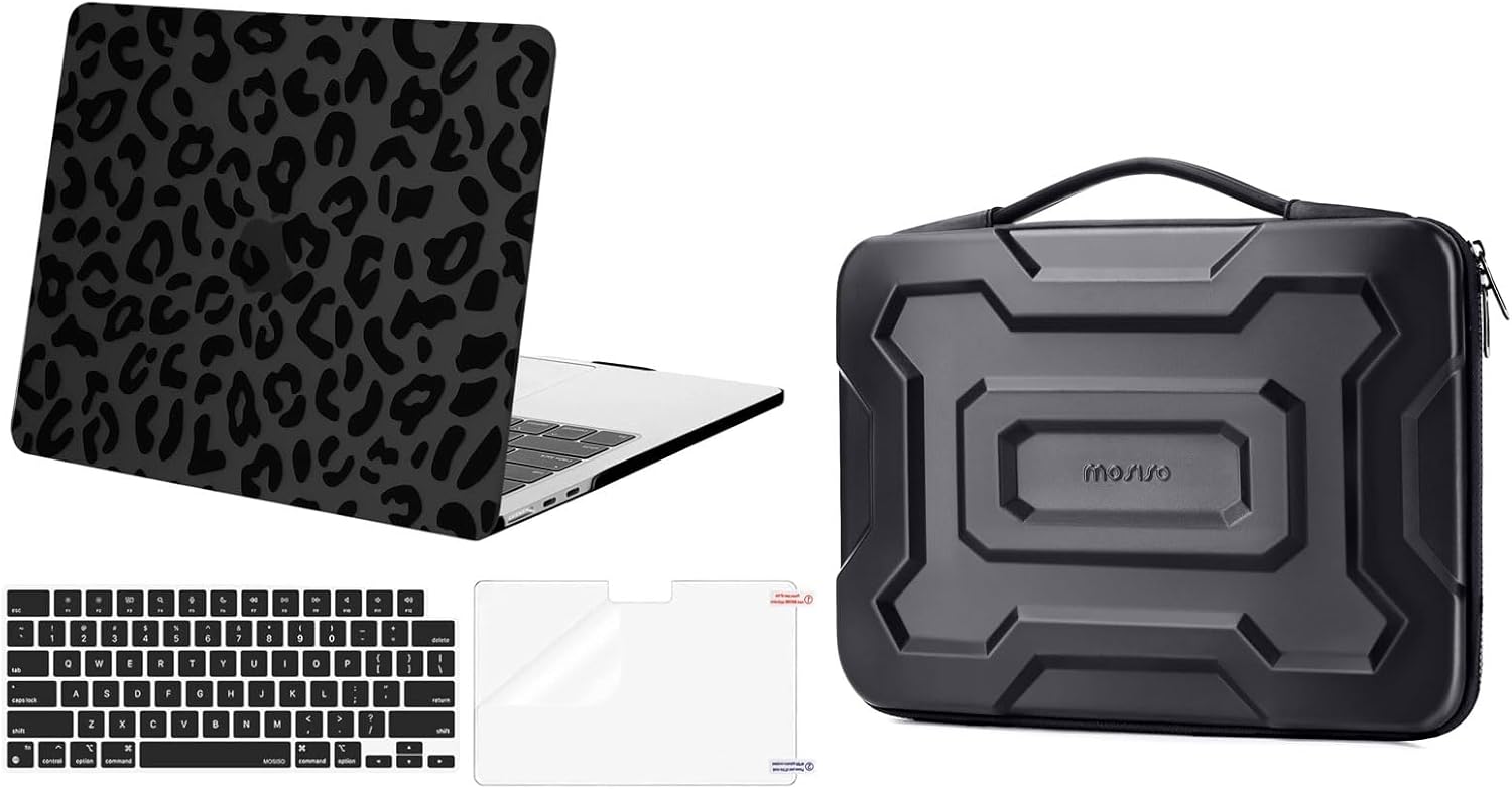 MOSISO Compatible with MacBook Air 13 inch Case 2025-2022 M4 A3240 M3 A3113 M2 A2681, Leopard Grain Hard Case&Keyboard Skin&Screen Film&Mechanical Geometric EVA Laptop Bag with Handle, Black
