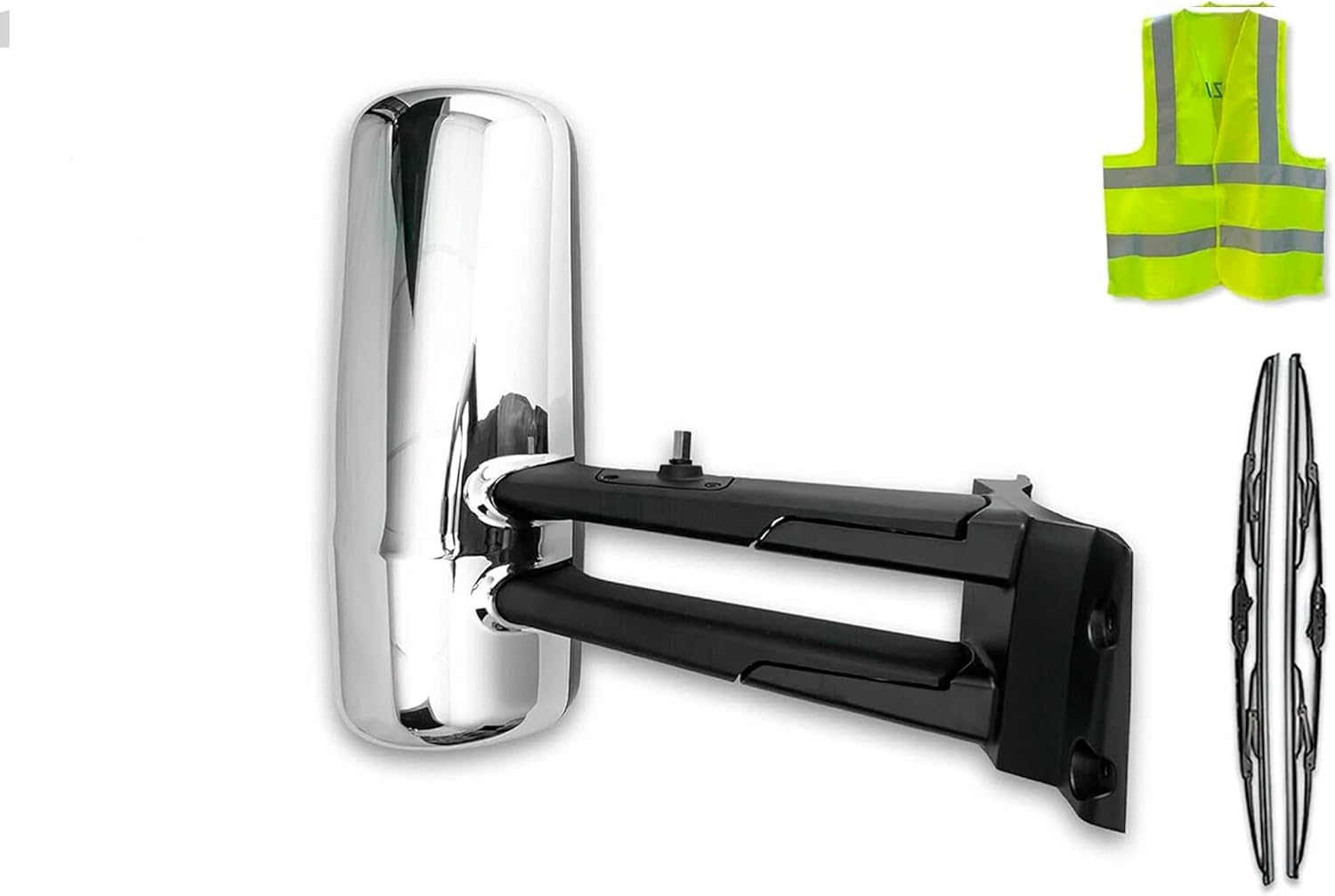 KOZAK Chrome Finish Door Mirror With Arms (Right Passenger Side) Compatible with Kenworth T680 T880 PLUS Logo, 2x22" Windshield wipers and KOZAK Reflective Vest
