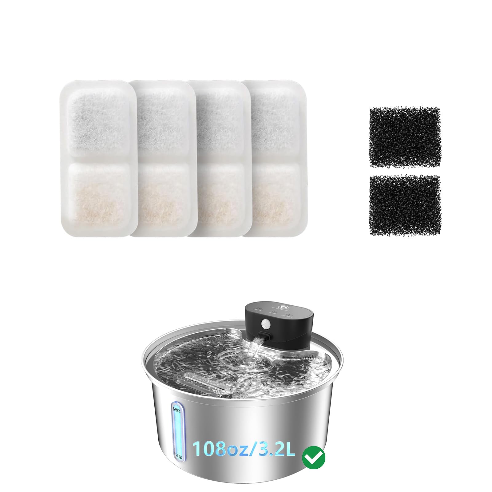4 Pack Cat Water Fountain Filter and 2 Pack Pump Filter Sponges Replacement for [PF03] - 4 Filters + 2 Sponges