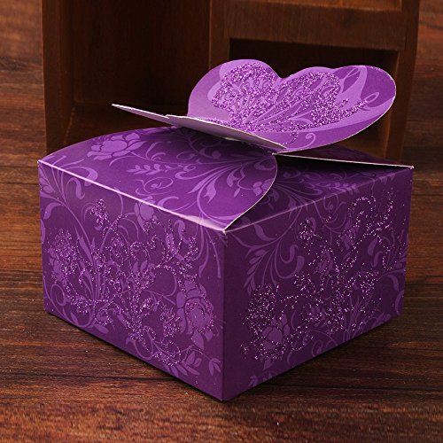 Krismile 50 Pcs Shiny Glitter Sparkling Butterfly Diy Square Wedding Bridal Party Favor Candy Gift Boxes (Purple) #TOP3