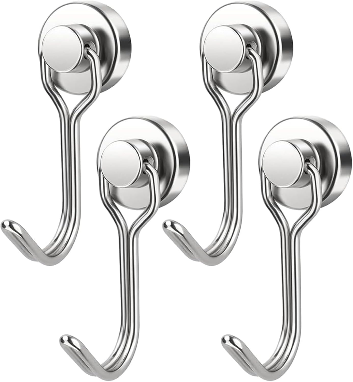 Silver Magnetic Hooks, 30LB Strong Neodymium Magnetic Hooks for Cruise, Grill, Towel, Indoor Hanging, Kitchen, Workplace, Office and Garage - 4 Pack（Rotate 360°）