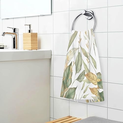 Miniatura 6 de Kigai Juego de 2 toallas de mano de hojas verdes y doradas, altamente absorbentes, suaves, decorativas, de algodón, para cocina y baño, 16 x 28
