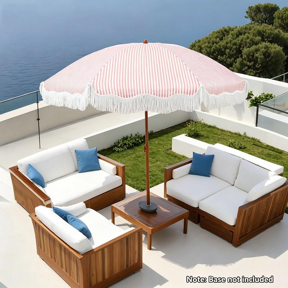 Pasiasty Parasol Plażowy z Frędzlami, 200 cm Boho Przenośny Parasol Ogrodowy z Przyciskiem Pochylania do Basenu, Pikniku i na Podwórko(Pink)