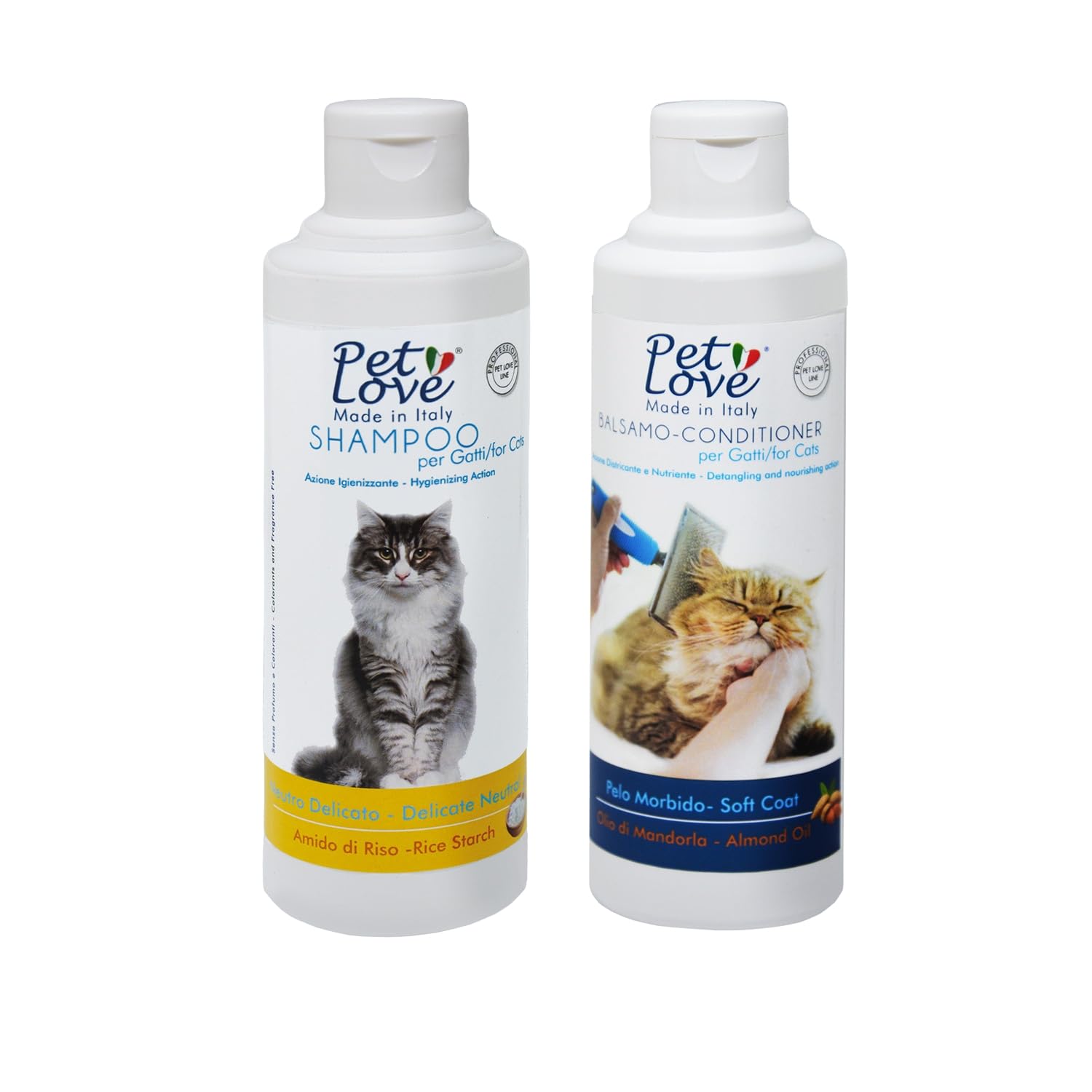 Pet Love | Set Shampoo e Balsamo Professionali per Gatti - Formula neutra e delicata - Azione Detergente e Igienizzante - 250 ml x 2