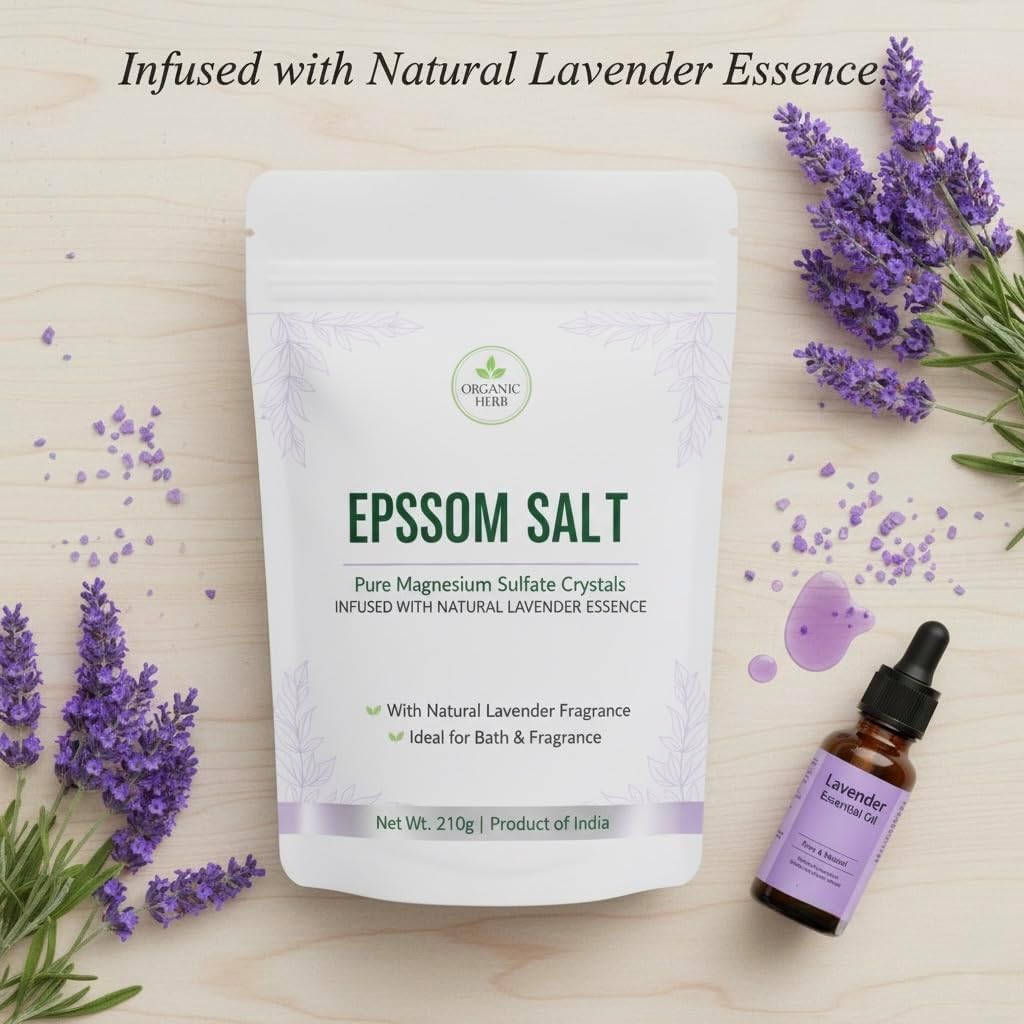 Organic Herb Epsom Salt, Premium Magnesium Sulfate Soaking Salt, USP Grade, Unscented, Ideal for Bath Soak, Foot Soak & Muscle Relaxation, 8 oz (227g)
