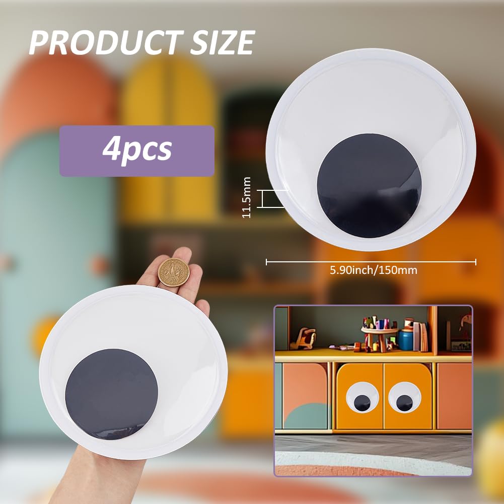SUPERFINDINGS 4Pcs Giant Wiggle Eyes 15cm/5.9inch Self-Adhesive Googly Eyes Large Black Plastic Eyes for Crafts Big Cartoon Eye Stickers for Wall Cabinet Decorations