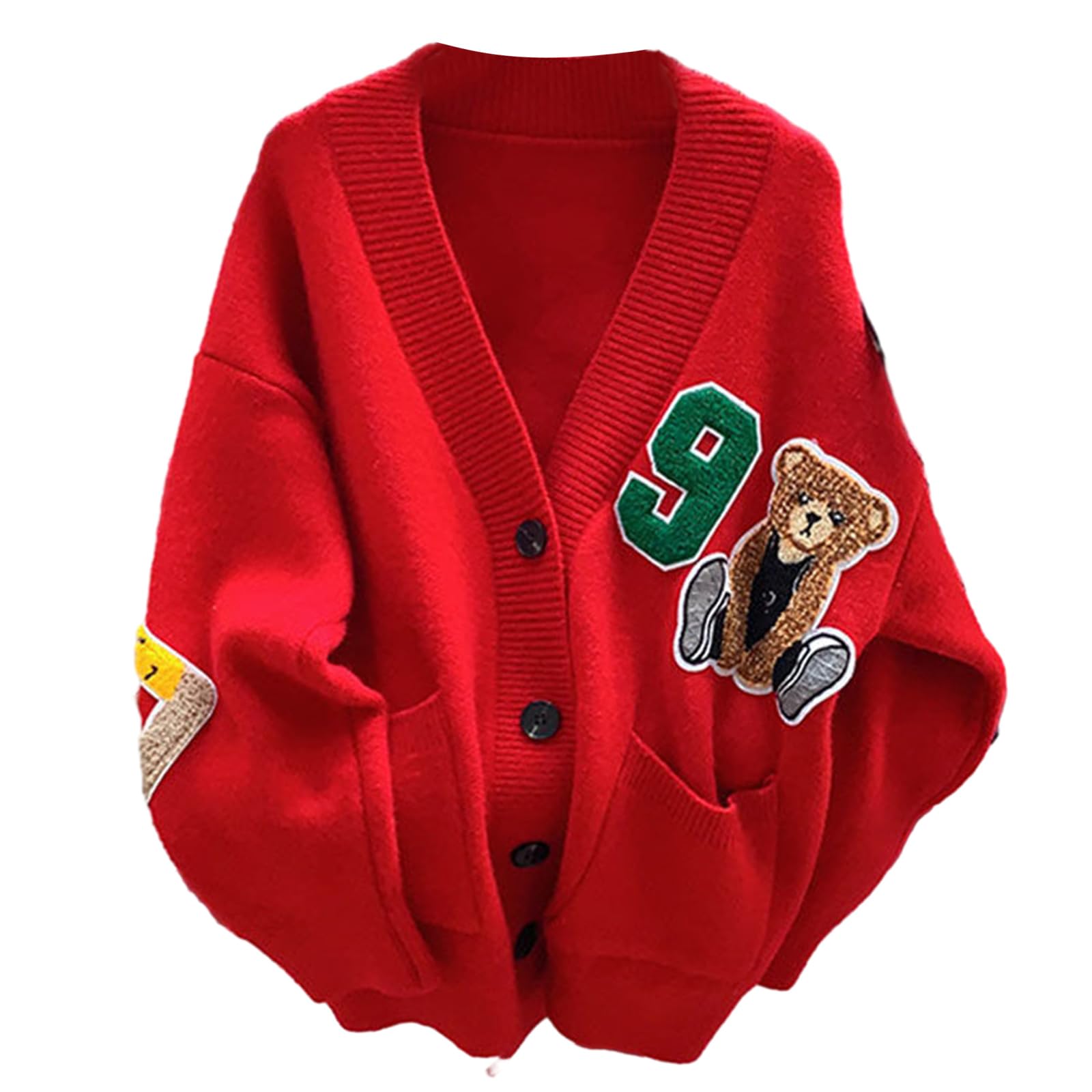 Sweaters Womens Knitted Cardigans Cartoon Sweater Button Down V-Neck Solid Color Outerwear Tops Coat with Pocket