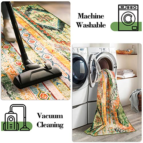 Wonnitar Machine Washable Runner Rug - 2'6" X 8' Green Ultra-Thin Rug Runner For Hallway,Boho Long Kitchen Carpet Runner,Non-Slip Southwestern Non-Shedding Mat For Laundry Bathroom Bedroom #TOP2