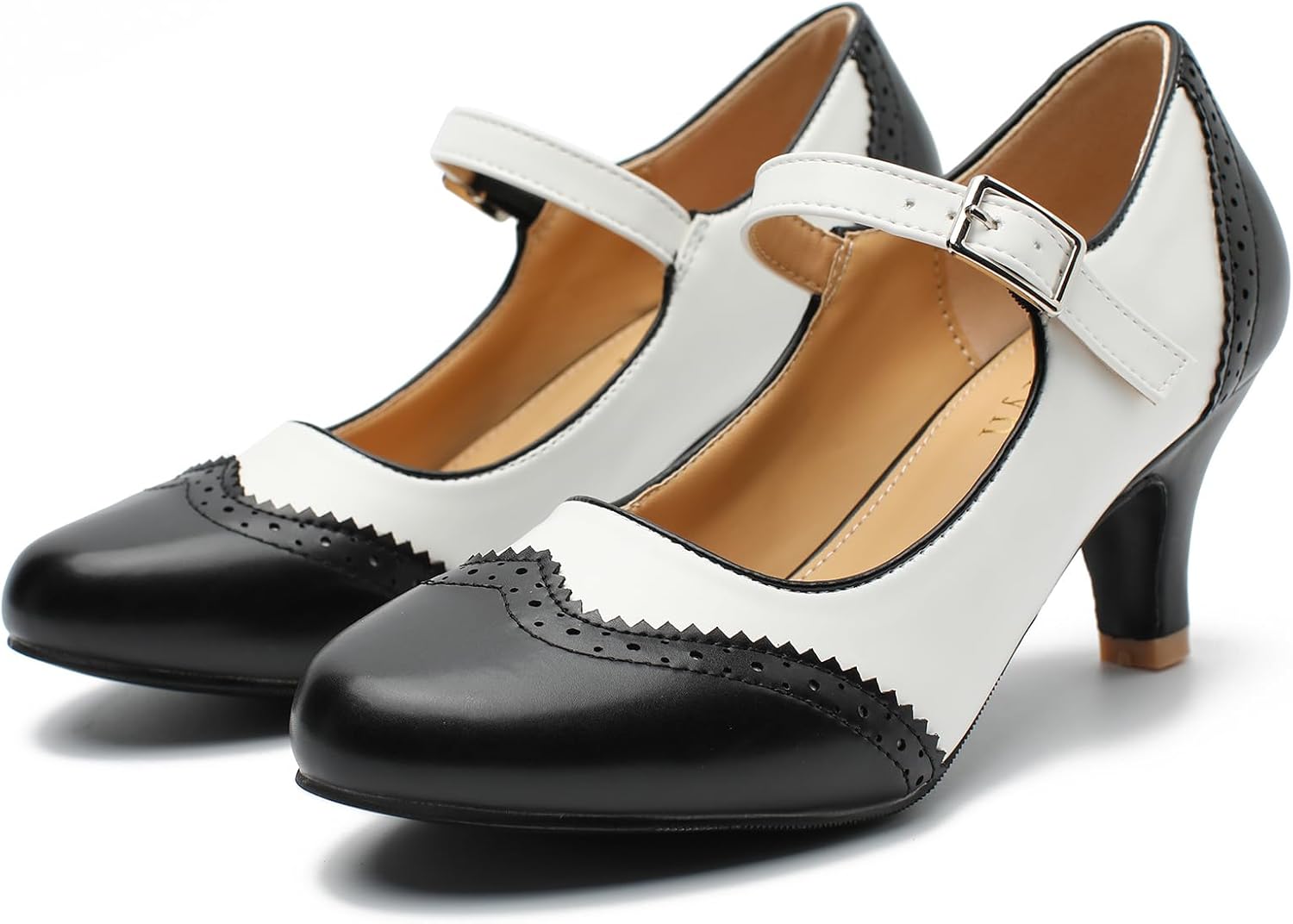 Women's Mary Jane Double-Tone Oxford Pumps Comfortable Low Kitten Heels Retro Ankle Strap Round Toe Dress Shoes - Image 4