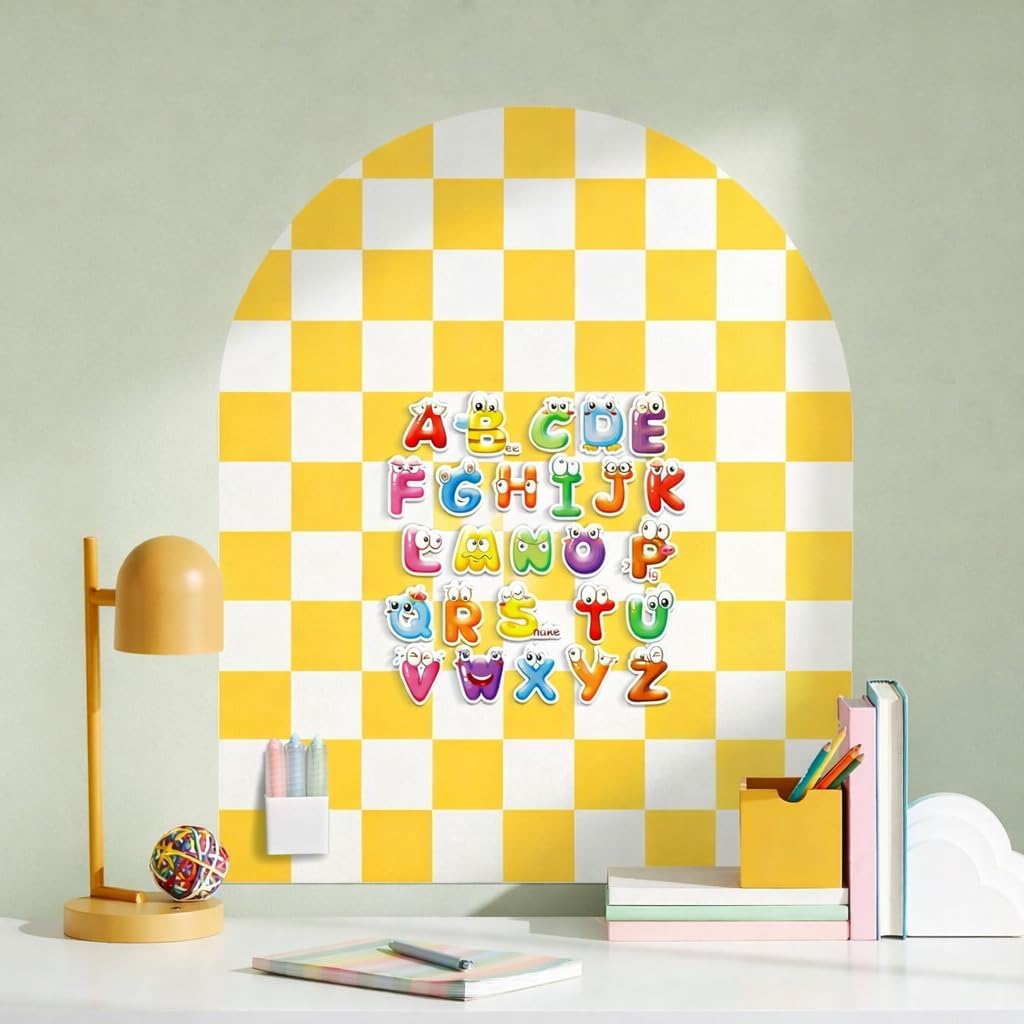 Magnetic Wall Decal Chalkboard, 24" x 40" Arch Peel & Stick Felt Magnetic Board, Wall-Safe Removable Reusable, Yellow & White Checkered Playroom Home Office Decor