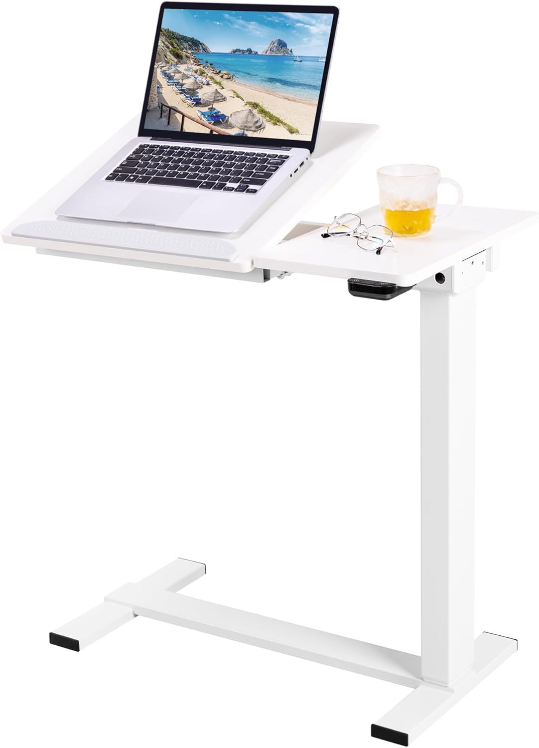 Fromann Electric Height Adjustable Standing Laptop Desk Movable Sit to Stand Desk, Overbed Bedside Laptop Table with Tilting Board and Wheels for Home Office (White)