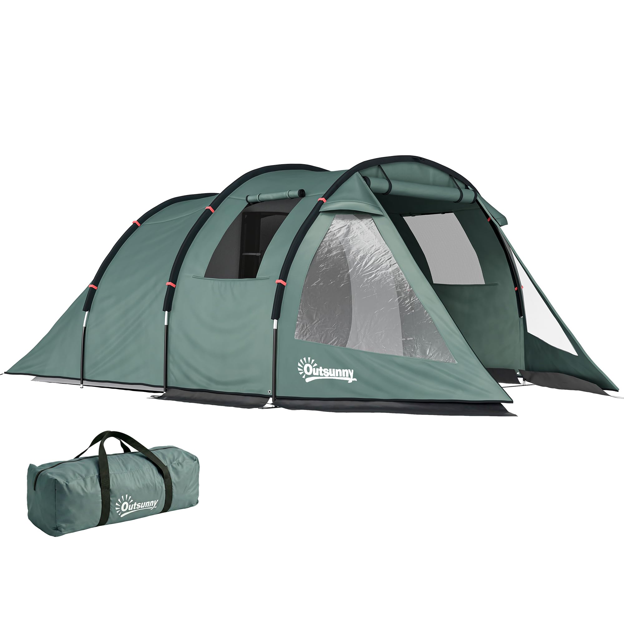 Outsunny Tienda de Campaña de Túnel Tienda Camping para 3 Personas Impermeable PU2000 mm Protección UV30+ con Ventanas y Bolsa de Transporte para Trekking Camping Playa Aventura 475x264x172 cm Verde