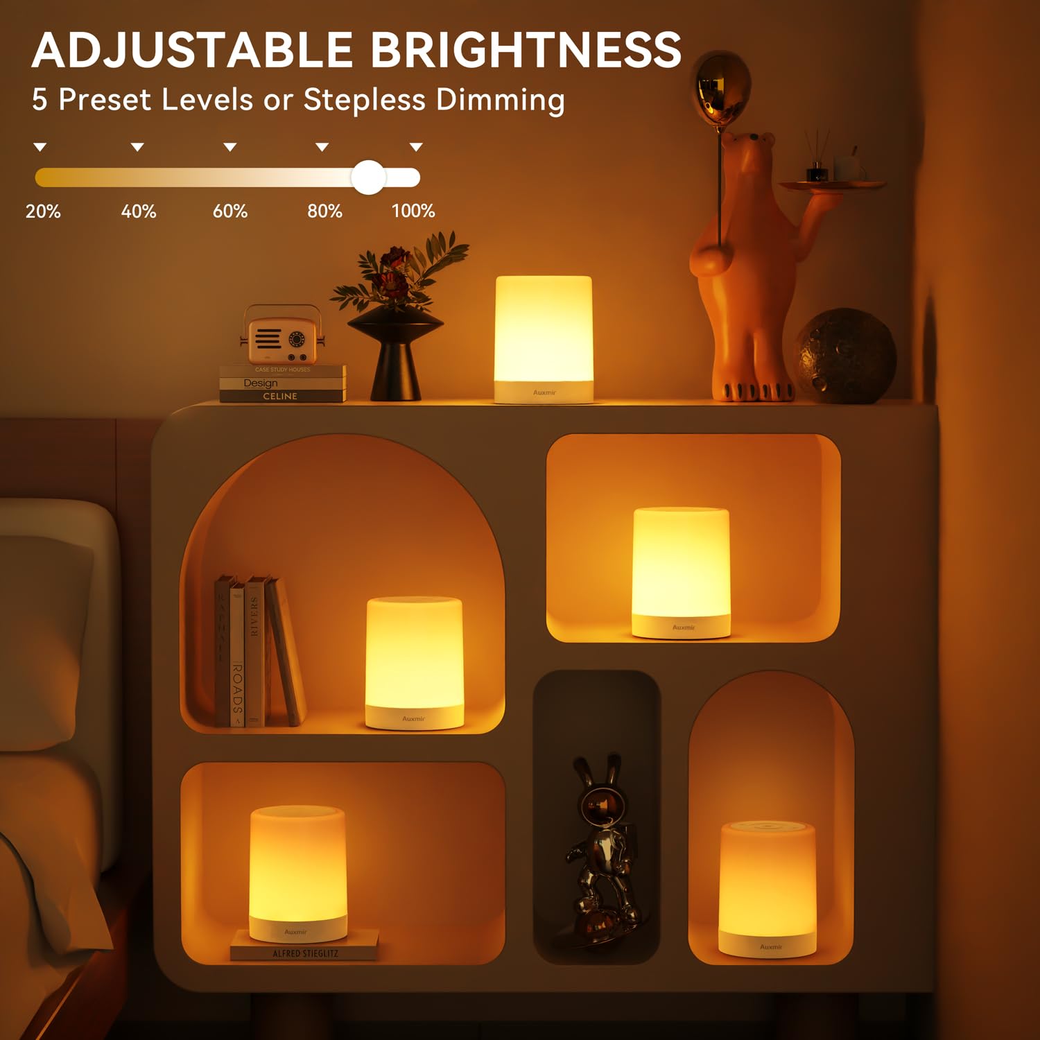 Auxmir Lampada da Comodino LED Touch, Luce Notturna senza Fili, Colori RGB, 4 Modalità, 5 Livelli di Luminosità, Ricaricabile 3000mAh, Funzione Timer, Lampada LED per Cameretta, Camera da letto