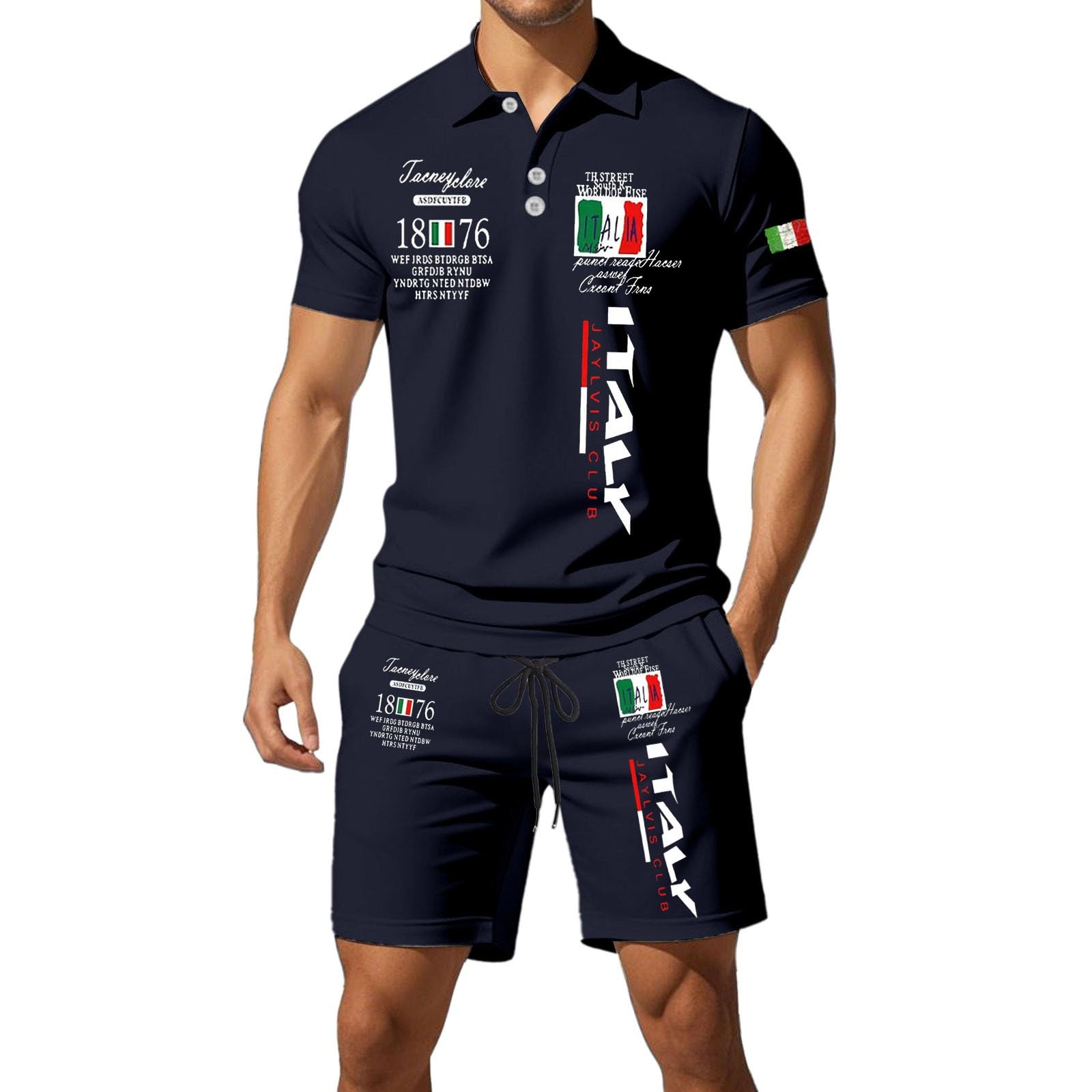 Herren Trainingsanzug 2 Teiler Italien Flagge Aufdruck Fußball Trikot Streetwear Sommer mit Shorts und Poloemd Set Jogginganzug Atmungsaktiv Dünn Sportanzug für Haushalt Sport Und Urlaub