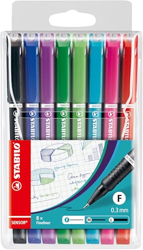 STABILO Fineliner with Cushioned F-Tip SENSOR F - Pack of 8, Assorted Colors, .3mm Fine Tip