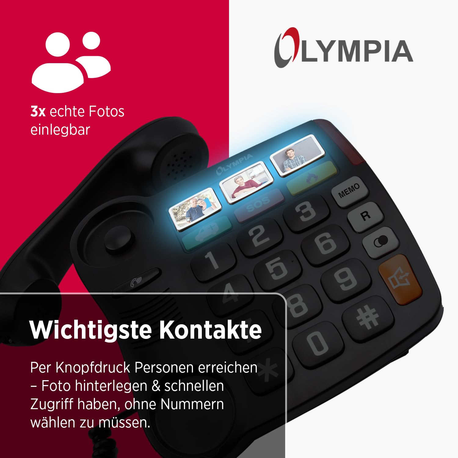 Olympia Großtastentelefon 4500 | Seniorentelefon Festnetz | extra große Wahltasten | Hörgerätekompatibel | Senioren Telefon mit Kabel | 3 Foto-Direktwahltasten | Festnetztelefon mit Schnur | schwarz