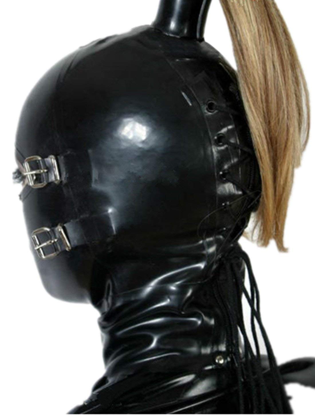 MFMYEE Masque bondage en latex avec perruque et masque pour les yeux, masque SM pour cosplay, coiffe pour Halloween