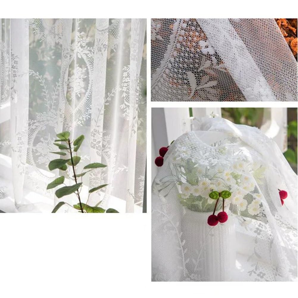 2 Pièces Rideaux Transparents en Dentelle Blanc, Motif Floral Rococo Français Rideaux Fenêtre en Voile Salon avec Cerise Passe-Tringle pour Balcon(W200xH200cm/79x79inch)