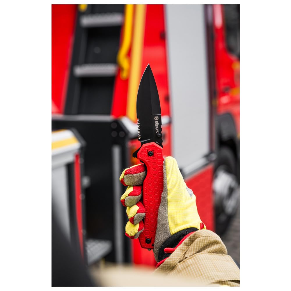 Dönges Coltello di salvataggio professionale con cuscinetti a sfera, coltello da vigili del fuoco con taglierina e rompivetro – Coltello tascabile per vigili del fuoco con clip per cintura, ideale per