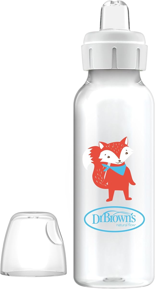 Dr. Brown's Milestones Narrow Sippy Bottle, 100% Silicone Soft Sippy Spout, 8oz/250mL, 6m+, Fox