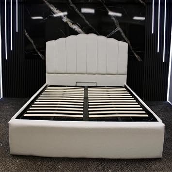 Teddy Fleece Bed Frame Sleigh Bed Frame Upholstered Bed Frame With 125cm High Floor Standing Headboard Bed Frame Without Storage Cream, 4FT Small Double