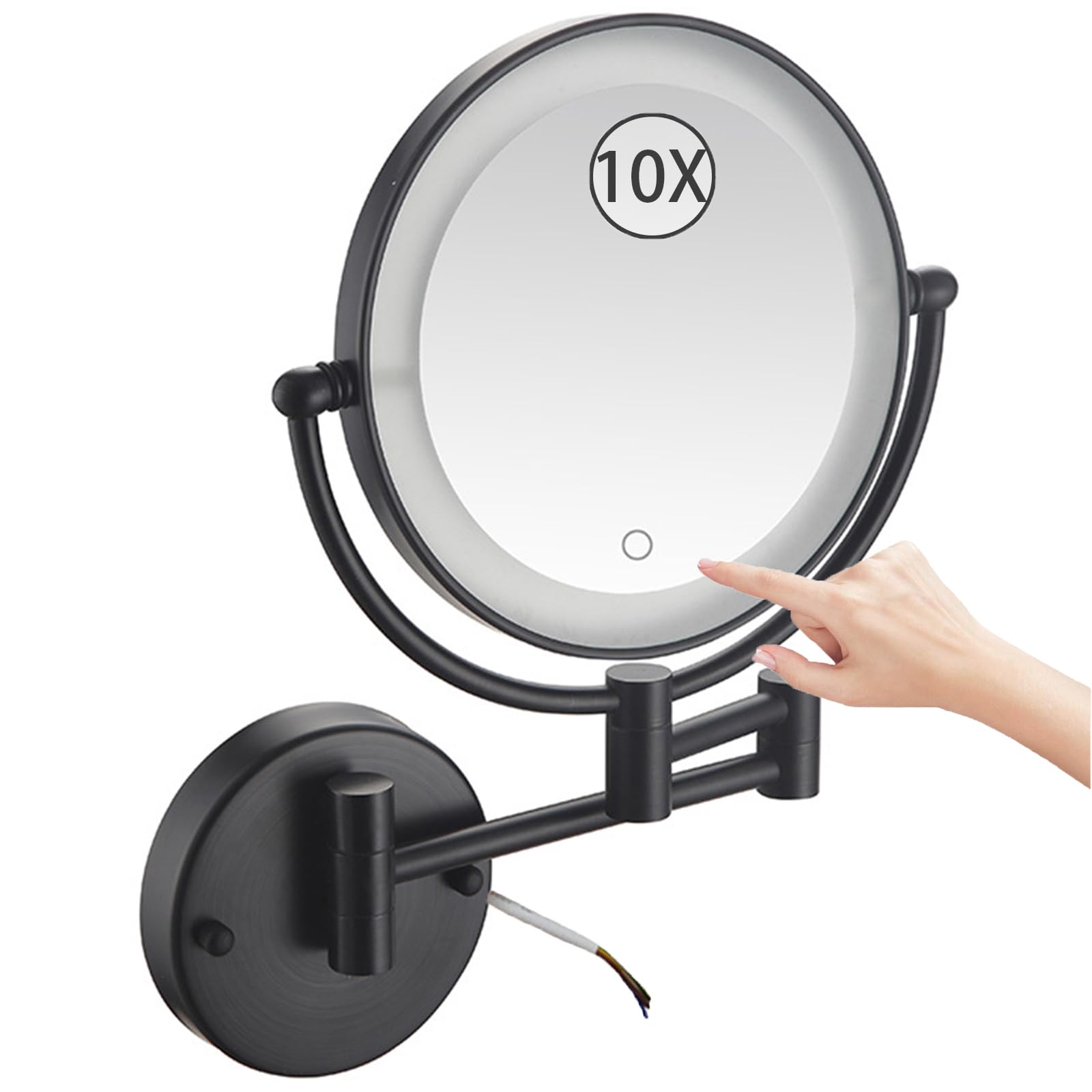 SXFSDOU 8" Wall Mounted Lighted Makeup Mirror, Stepless Dimming Hardwired Magnifying Vanity Extendable 360° Swivel LED Bathroom Mirror,Black,10X