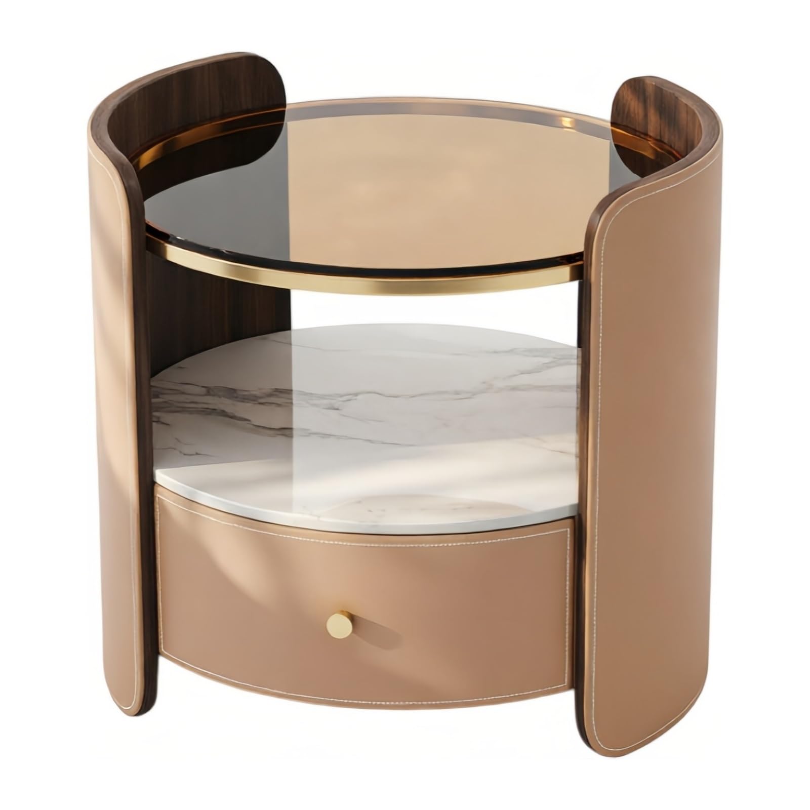 guiling-1986 Bedside Table Nightstand Cylindrical Body Glass Top Stone Slab Shelf 1-Drawer for Bedroom Nightstand(Bruin)