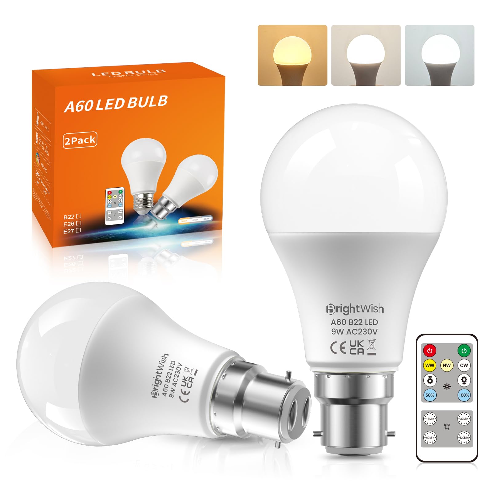 BrightWish Dimmable B22 Bayonet LED Light Bulb 9W, 3-Colour & Remote Control, with Timer and Memory Function, Energy Saving Bulb, 2 Pack for Home Office Lighting โ image 1