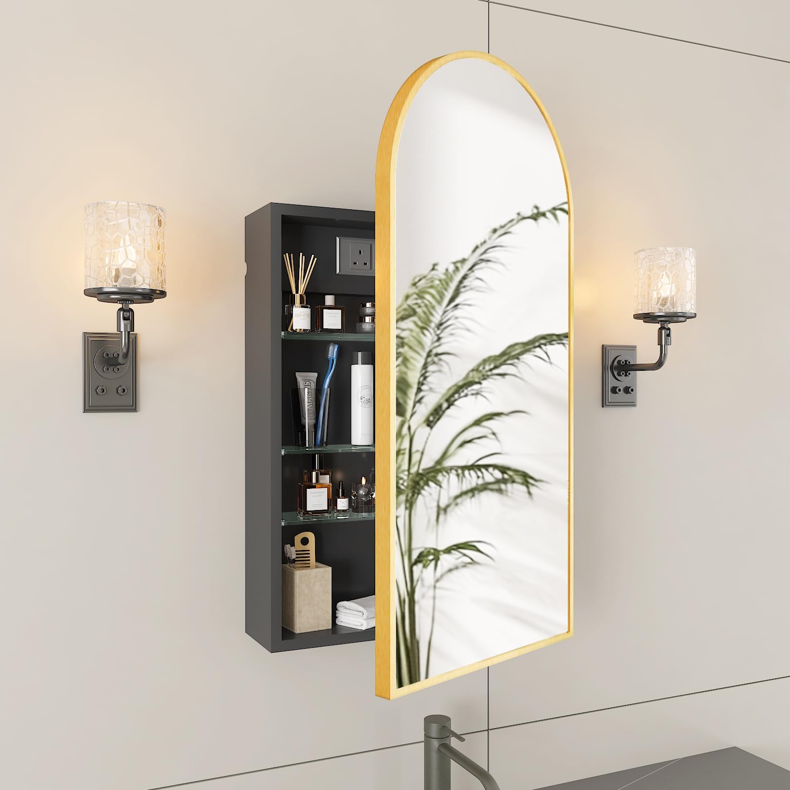 FKWin Specchio da bagno con contenitore e presa di corrente, armadietto dei medicinali per apertura sinistra o destra, non incassato, ampio specchio cosmetico con contenitore per proprietario di casa