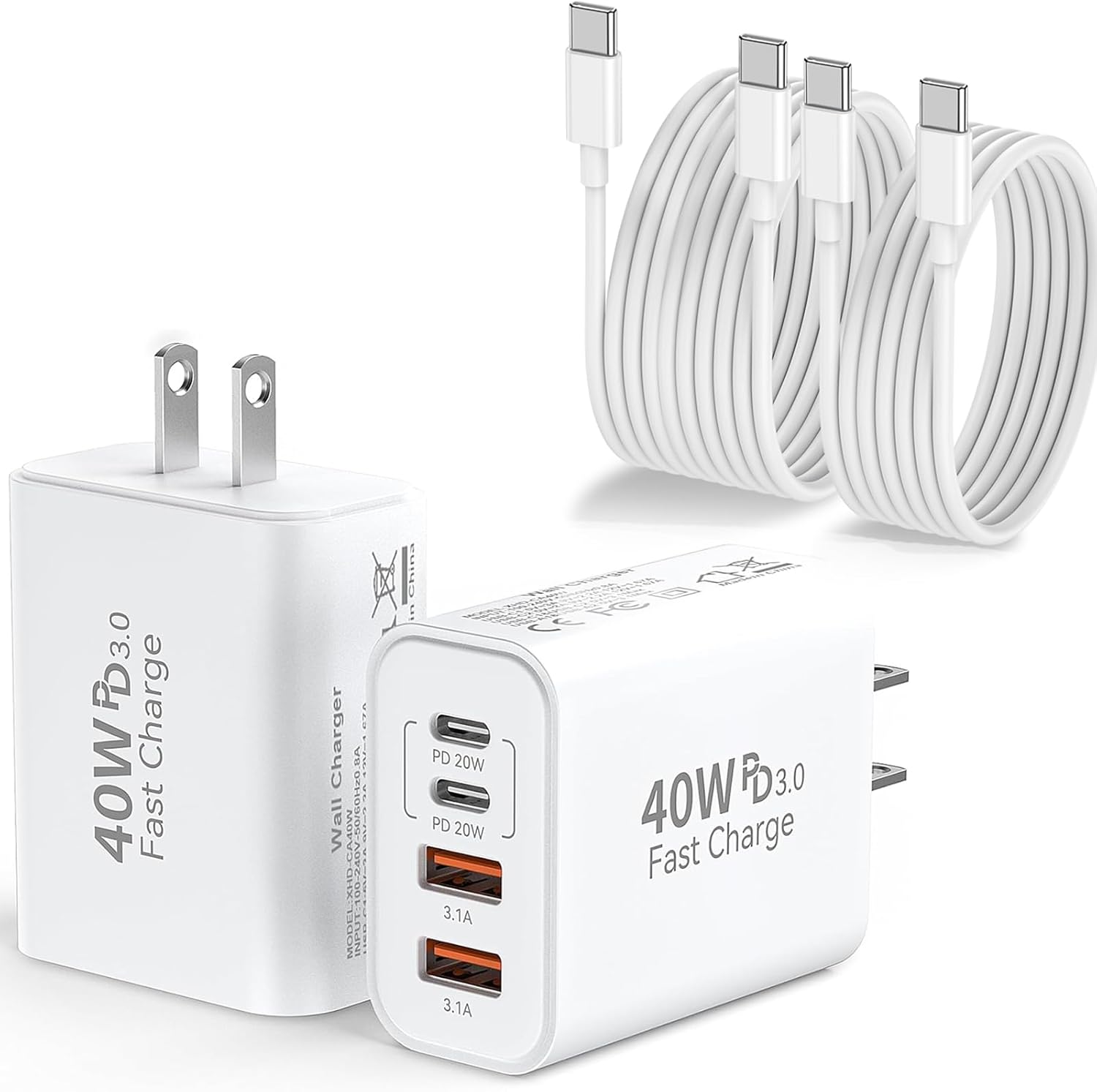 USB C Wall Charger, 40w 4 Port PD Power Adapter, QC Charging Block, Multiport(2A2C) Plug for iPhone 17 16 15 14 13 12 11 Pro Max Plus Mini XS XR X 8, Cable for iPad Air, Phone Accessories 2Pack White