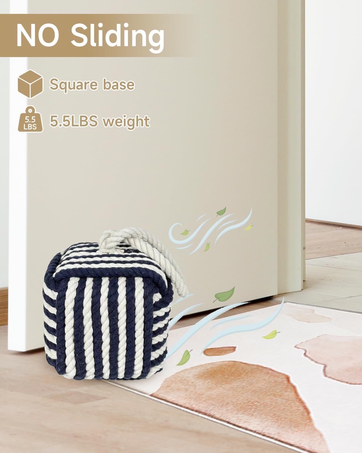 5.5 Lbs Weighted Decorative Door Stopper for Bottom of Door, Cute Door Stop for Heavy Duty Doors, Soft Rope Knot Doorstop for Nautical Home Decor, Blue&White