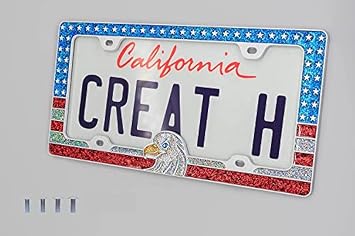 Creathome 3D Shining American Flag with Eagle License Plate Frame from Pure Zinc Alloy Metal Perfect Plate Holder