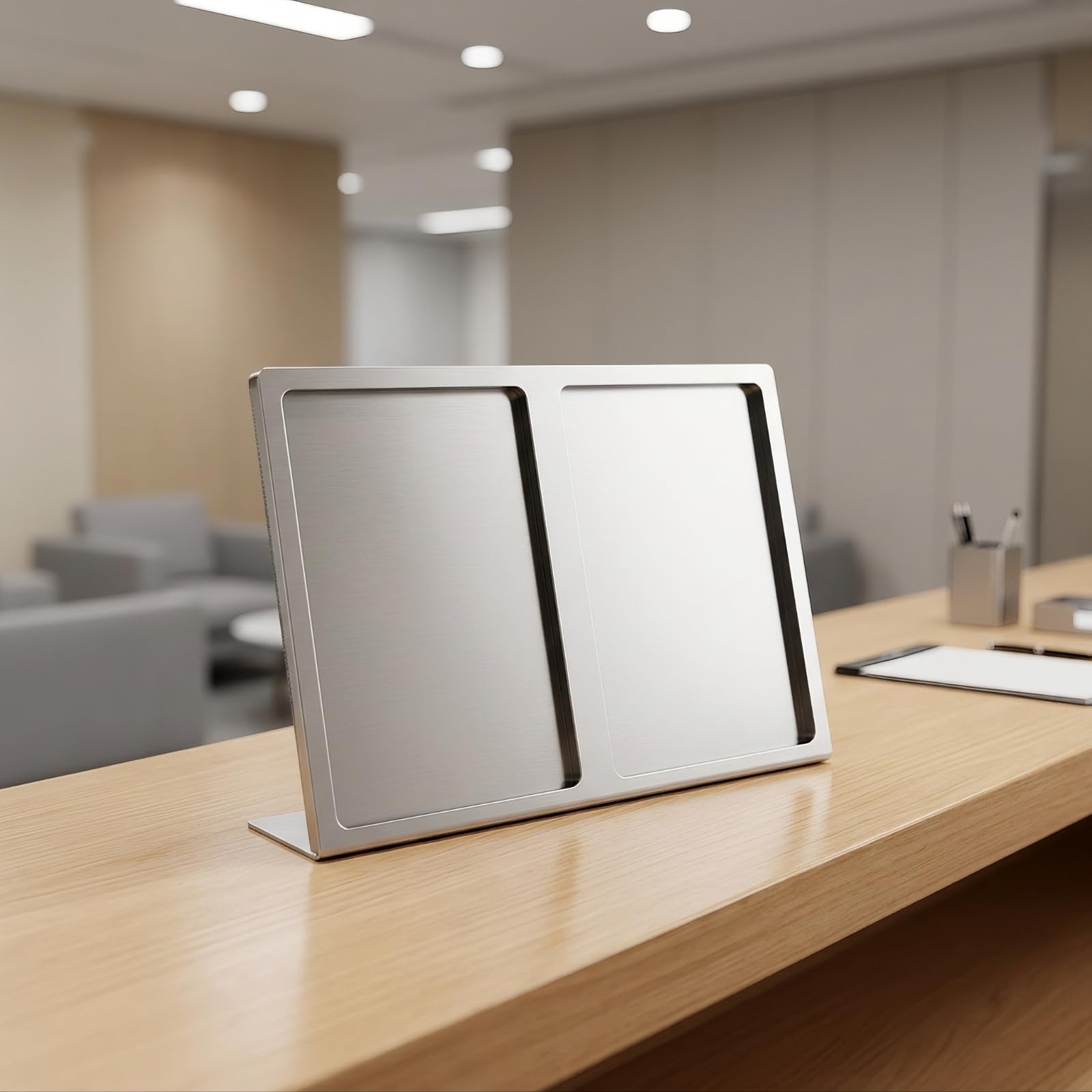 Exhibidor Escritorio con Soporte para Menu Acero Inoxidable con Inclinado Metal para Tarjetas Publicitarias Acuado para Mostrador Recepcion y Restaurante, 3 Ranuras