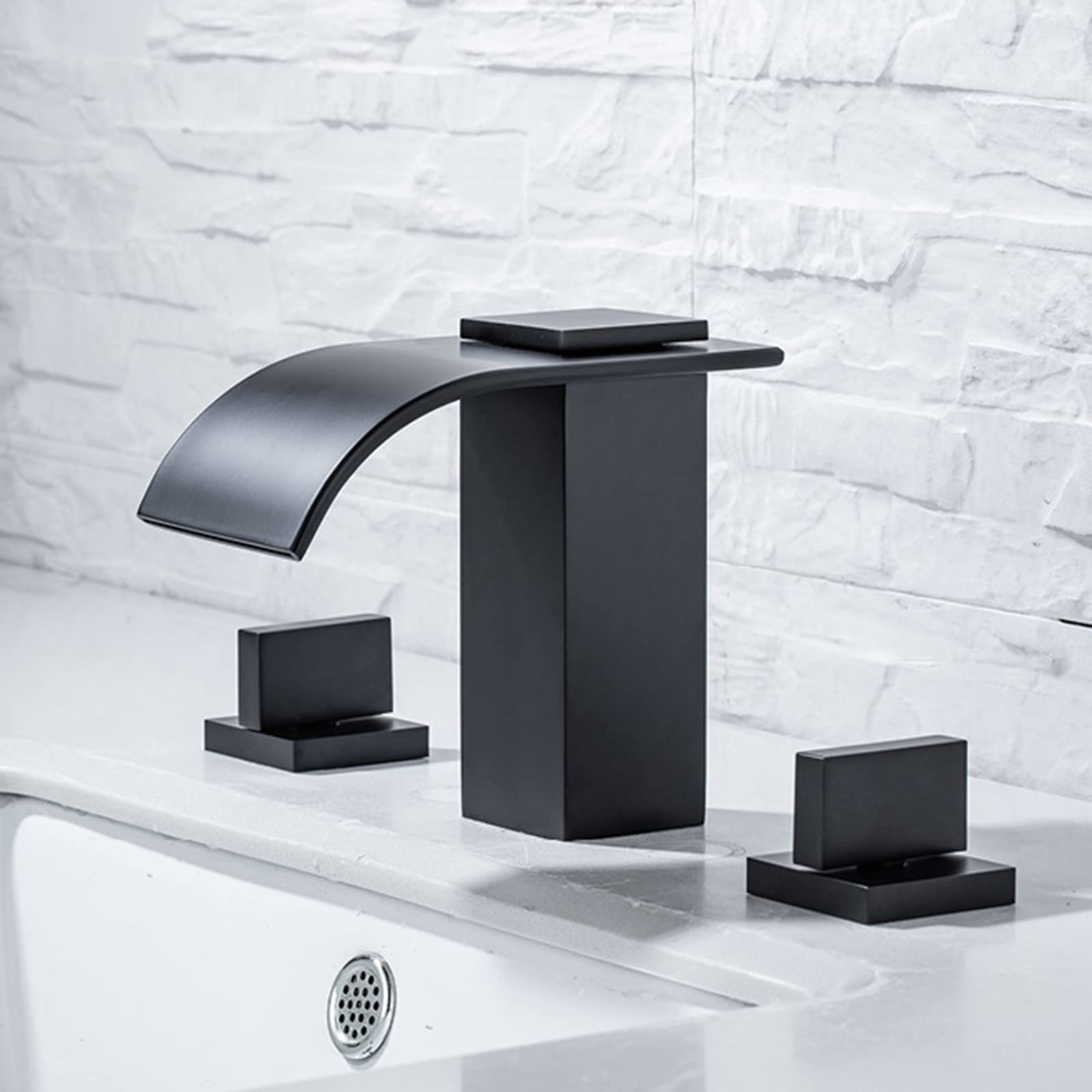 VDOQTLJT 3 Hole Faucets for Bathroom Basin Mixer Faucet Waterfall Hot and Cold Water Brass Faucet-Black(Cromo)