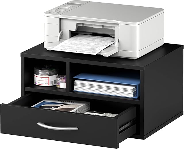 FITUEYES Desk Organiser Black Wood, Desktop Printer Stand with Storage 1 Drawer 2 Open Compartments for Home Office 40x30x22cm DO304002WB
