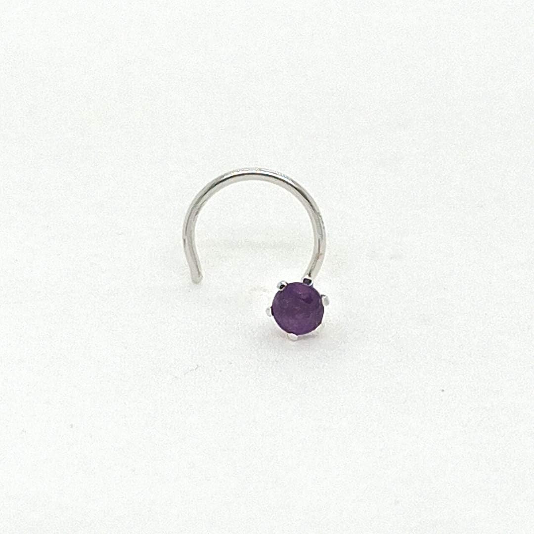 Demira Jewels 14K White Gold Nose Stud with 3mm Real Purple Amethyst, 6-Prong Setting, 21 Gauge Nose Piercing Pin.