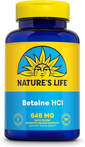 Nature's Life Suplemento de betaína HCL  Fórmula de apoyo a la digestión  Sin OMG  648 mg 100 cápsulas de gelatina