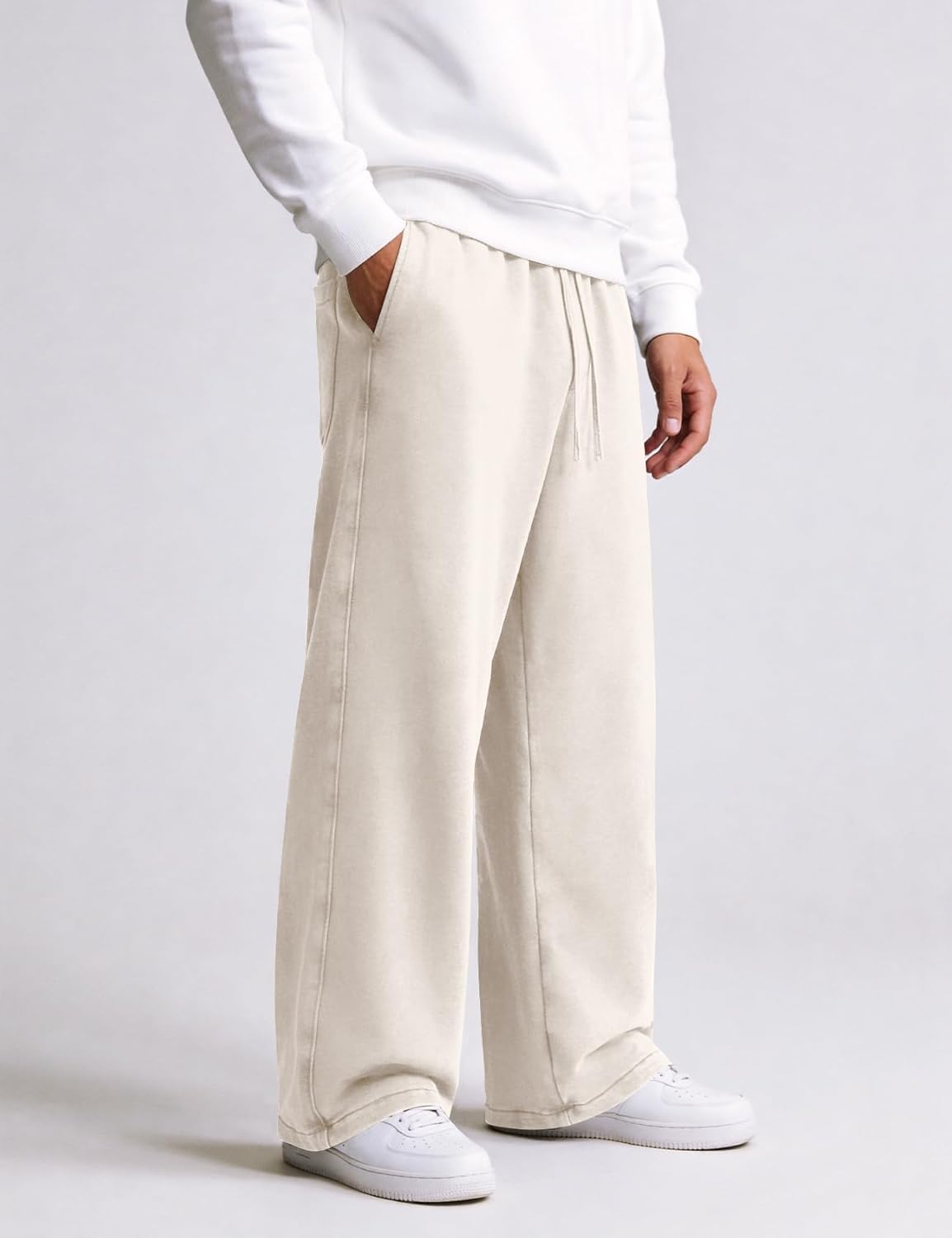 Eisctnd Men's Baggy Wide-Leg Cotton Sweatpants Loose Joggers with Adjustable Cuffs Drawstring Waist for Lounge Athletic