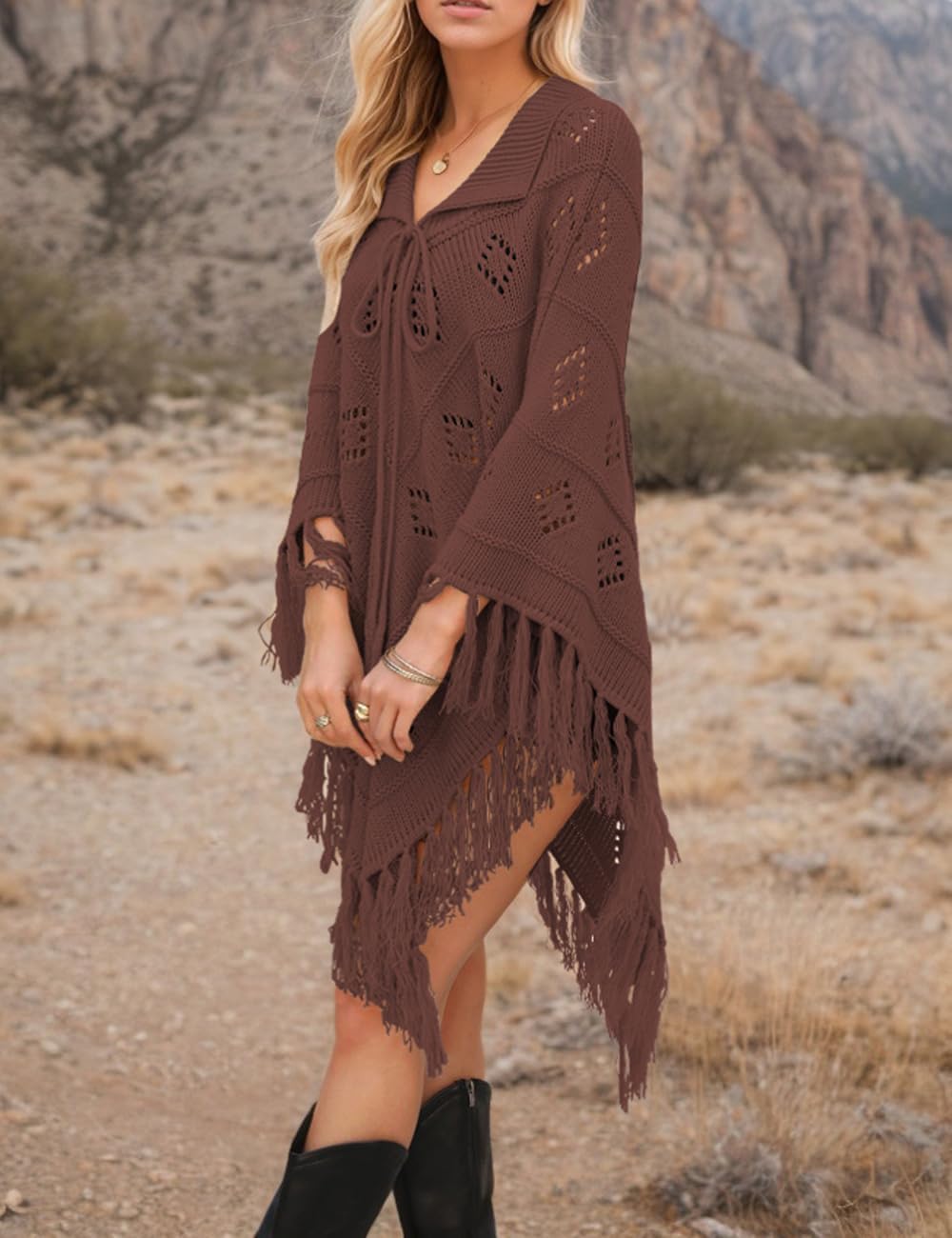 Women's Fashion Fringe Knitted Poncho Cape Lapel Hollow Crochet Shawl Cloak Loose Over Knitted Sweater - Image 5