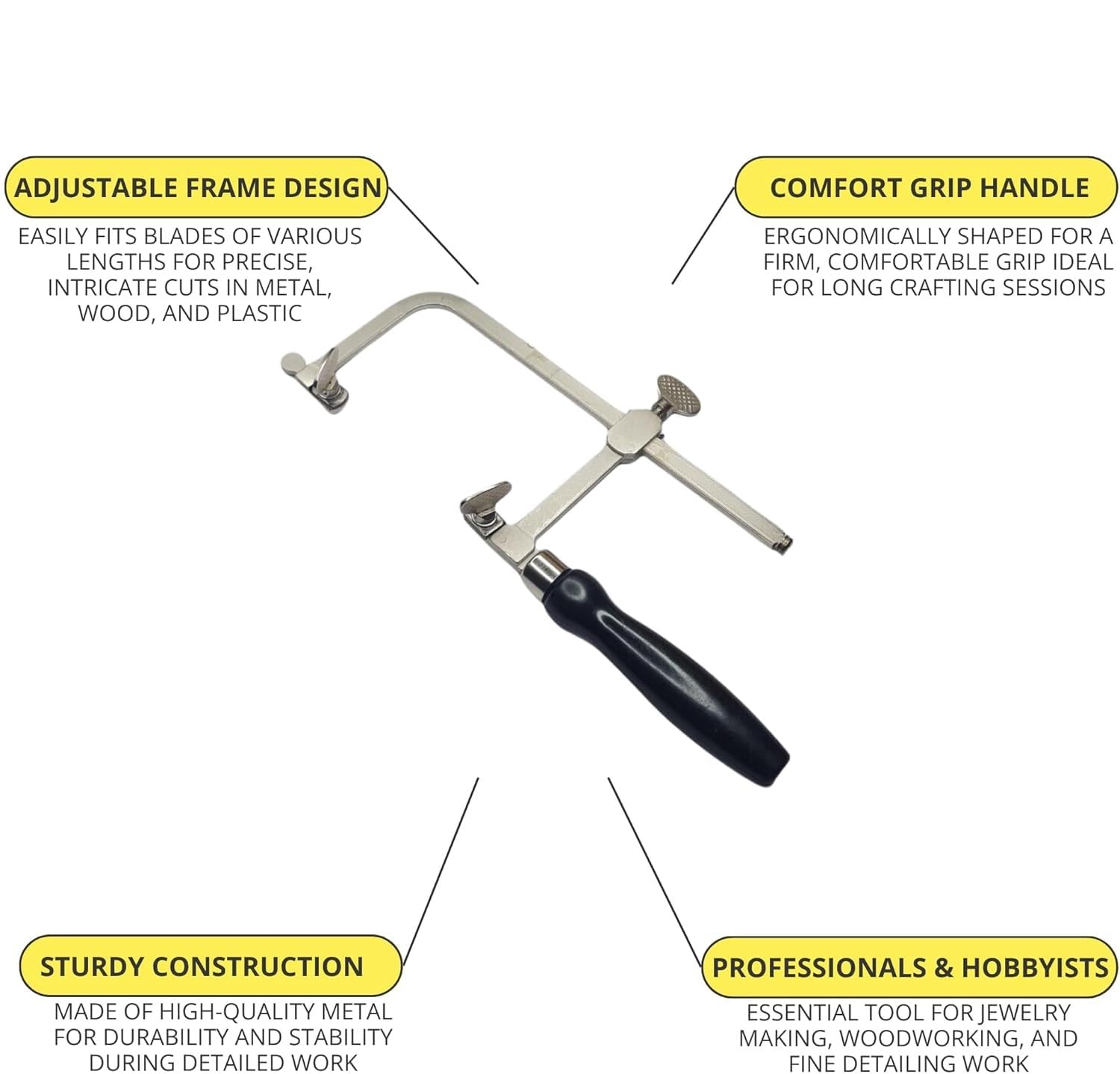 Kit de scie professionnelle 3 en 1 pour bijoutier – Cadre de scie réglable, 144 lames (tailles 1/0–2) et broche d'établi en bois avec fente en V avec pince – Fabrication de bijoux, bois, métal et