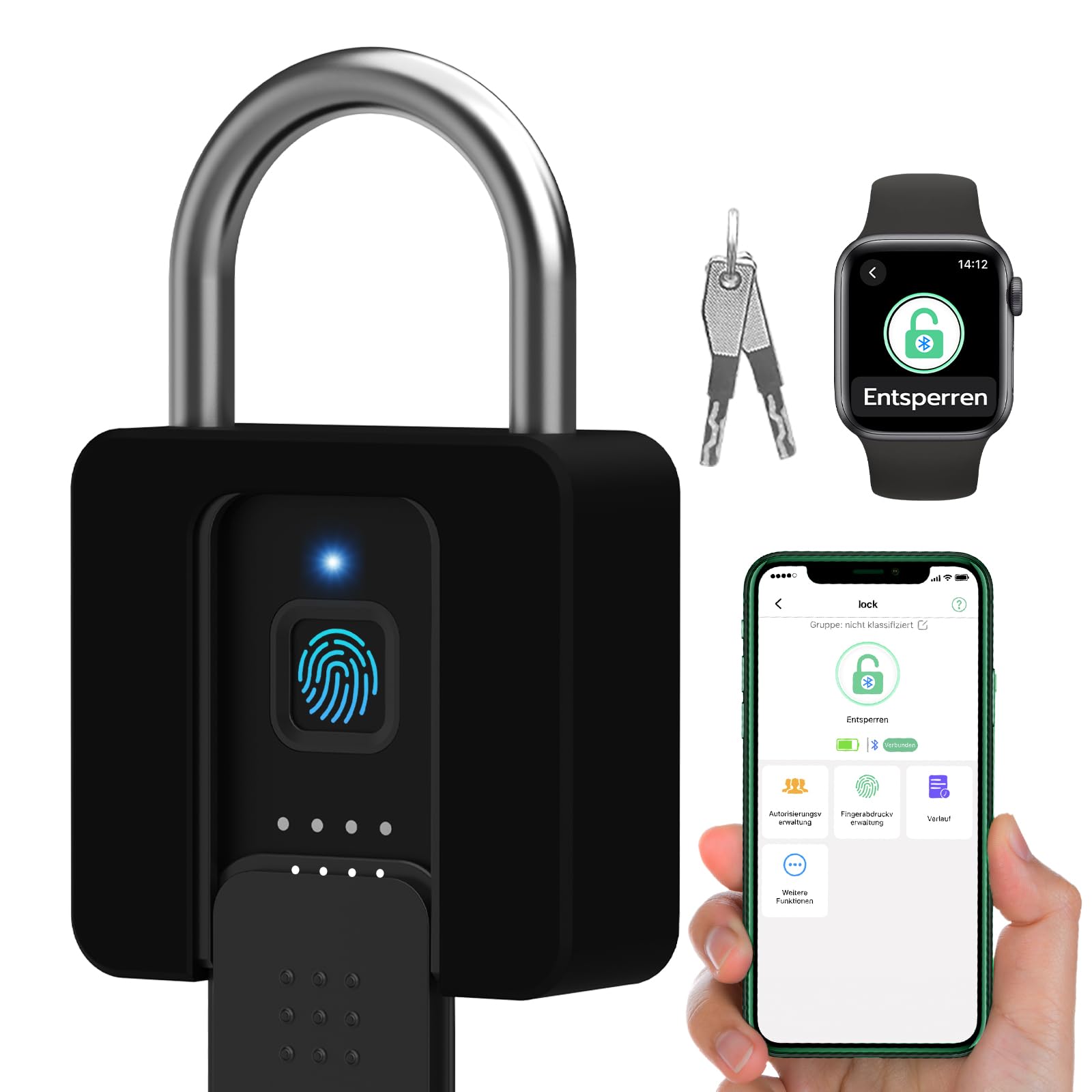 Candado de huellas dactilares, Eseesmart Gran Smart Lock, Candado Biométrico Bluetooth con llave, Candado Impermeable con Carcasa de Goma Gimnasio, Armarios, Oficina
